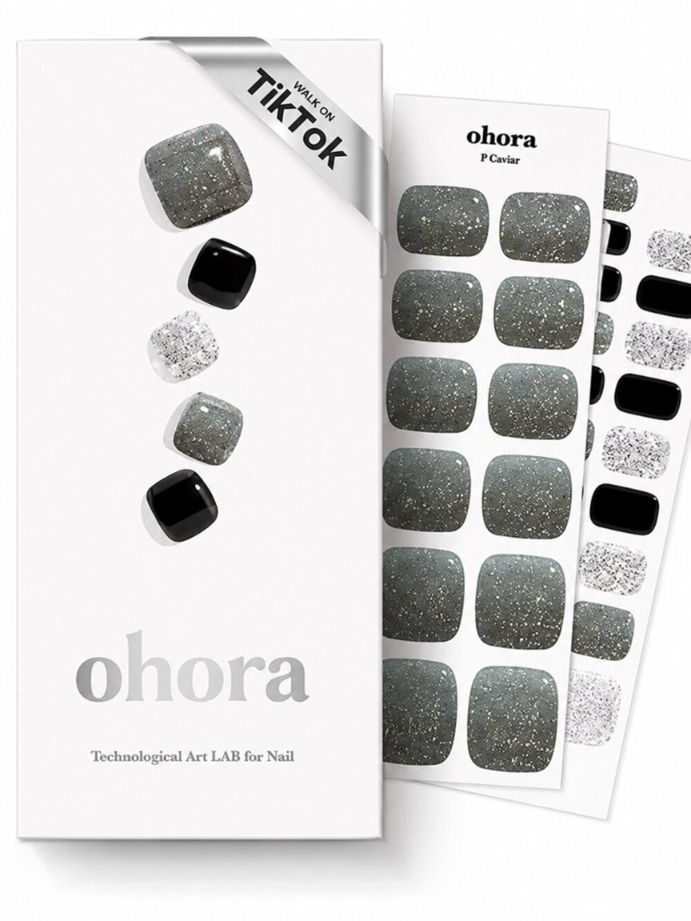 Ohora P Caviar Black Silver Glitter Semi-Cured Gel Pedicure Nail Strips NEW